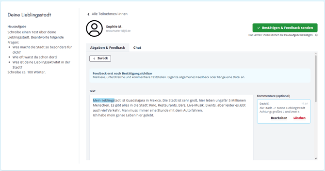 Plattform LP Hausaufgabe kommentieren